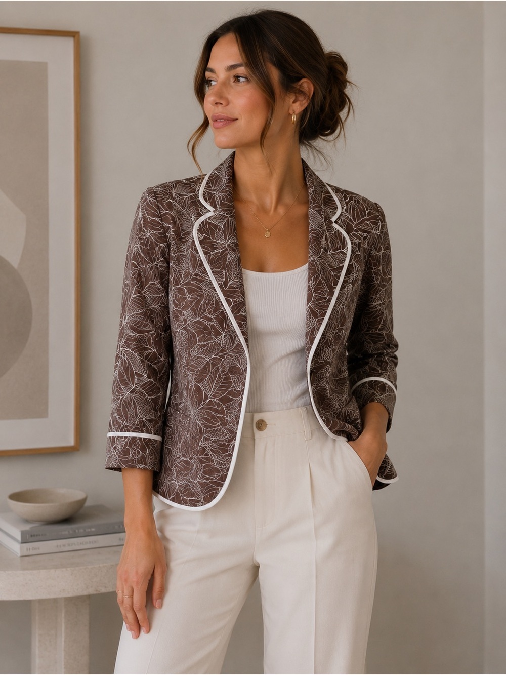 Nygard Collection Brown Leaf Print 100% Linen Blazer with White Trim Size 8 Work